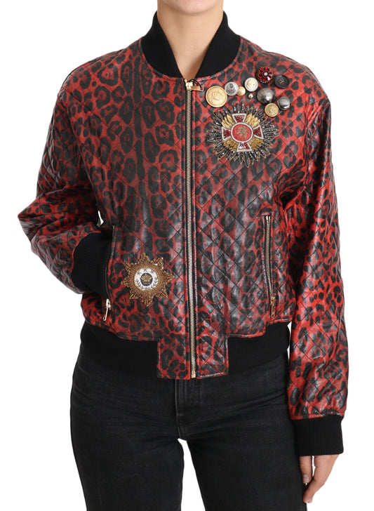 Dolce & Gabbana Rote Lederjacke mit Leopardenmuster und Kristallknöpfen
