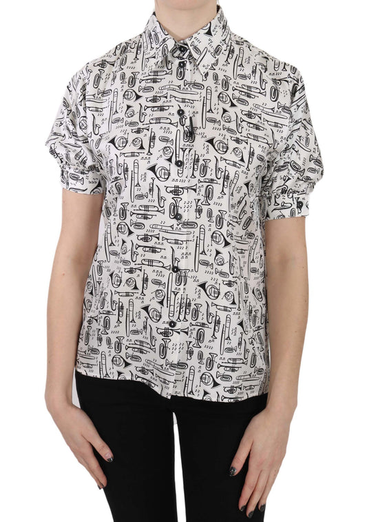Dolce & Gabbana – Seidenbluse mit Trompetendruck und Knopfleiste vorne