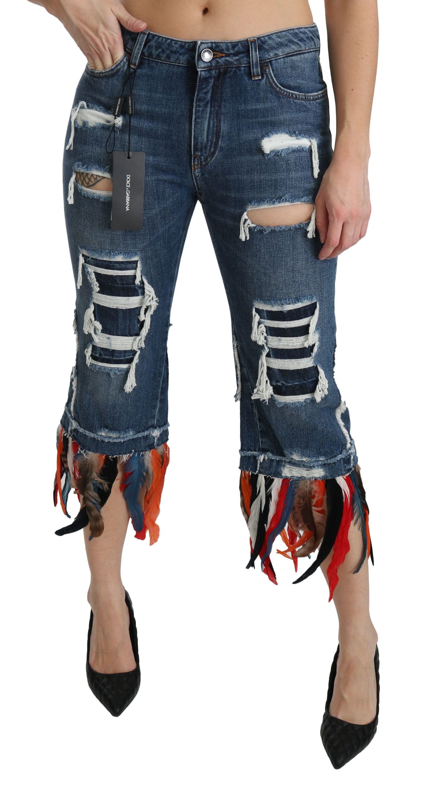 Dolce & Gabbana Blaue, verkürzte Jeans aus Baumwolle mit niedriger Taille und Federn