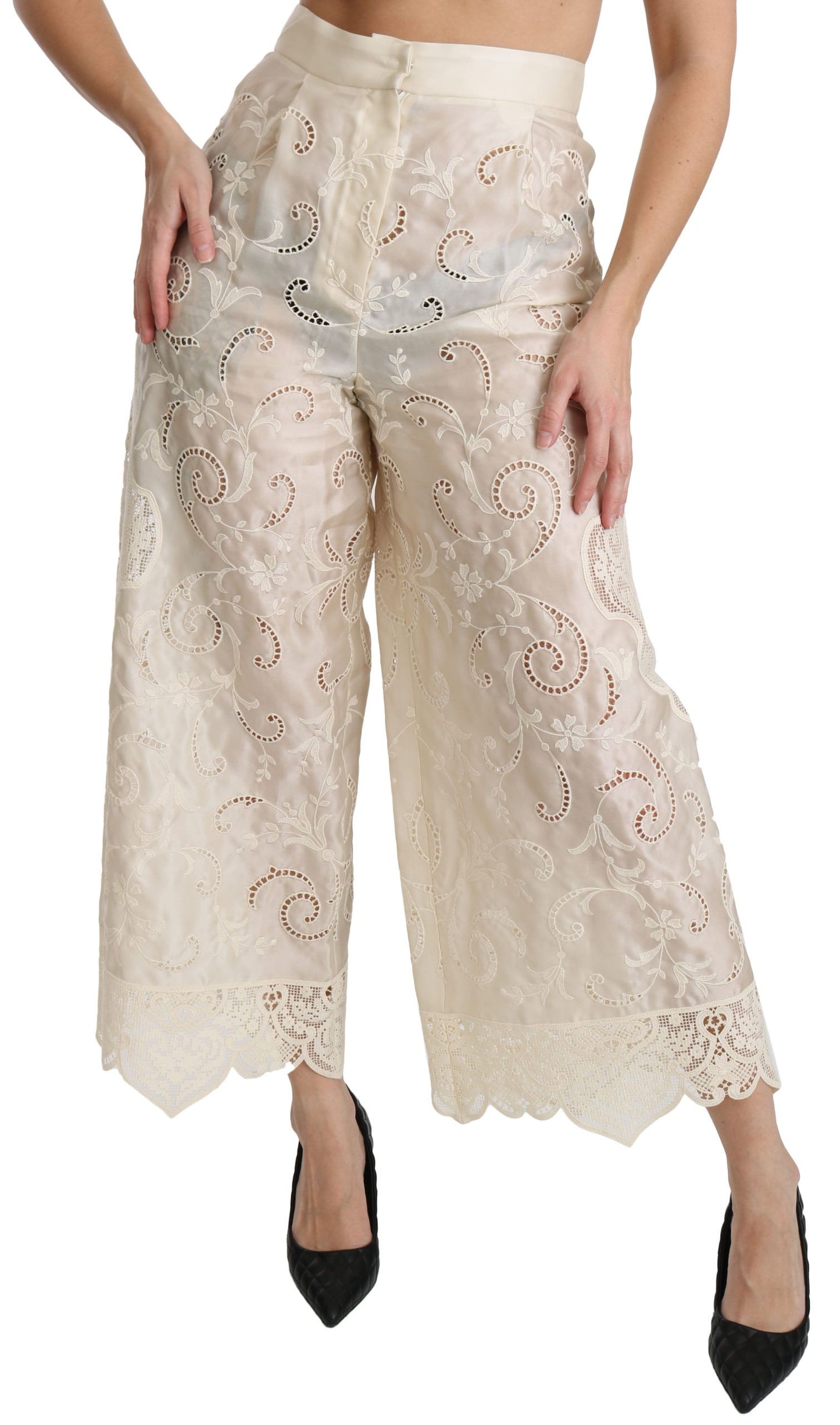 Dolce & Gabbana – Cremefarbene Palazzo-Hose mit hoher Taille und Spitze