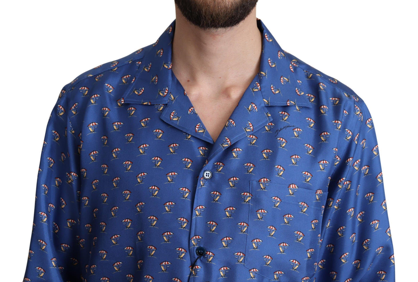 Blaues Seidenhemd mit Strandkorb- und Regenschirm-Print von Dolce & Gabbana