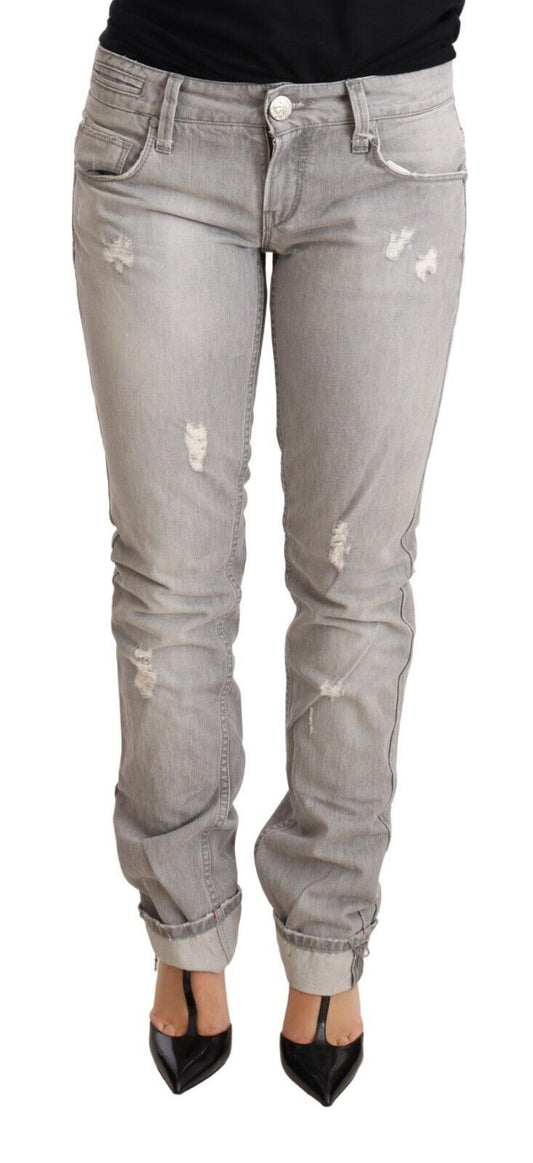 Acht – Graue, zerfetzte Slim-Fit-Jeans aus Baumwolle mit umgeschlagenem Saum für Damen