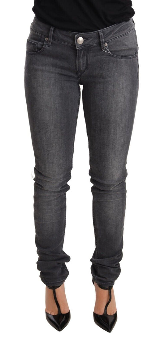 Acht Graue, gewaschene Baumwolle, Slim Fit, niedrige Taille, Damen-Jeans
