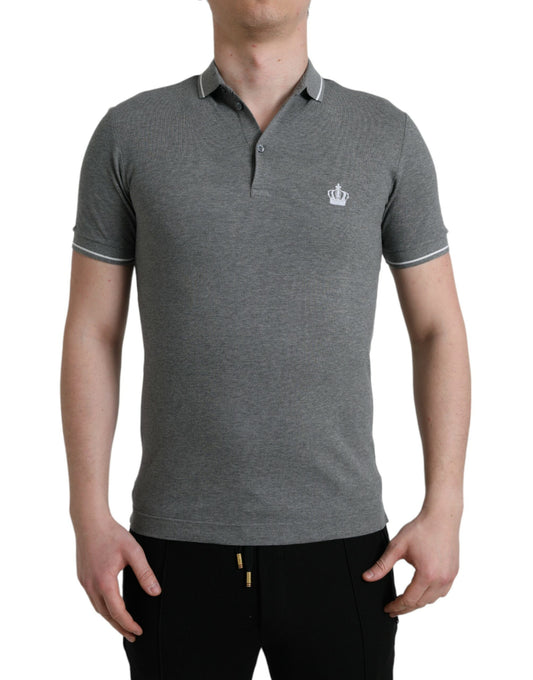 Dolce & Gabbana – Graues T-Shirt mit Kragen und kurzen Ärmeln und Krone