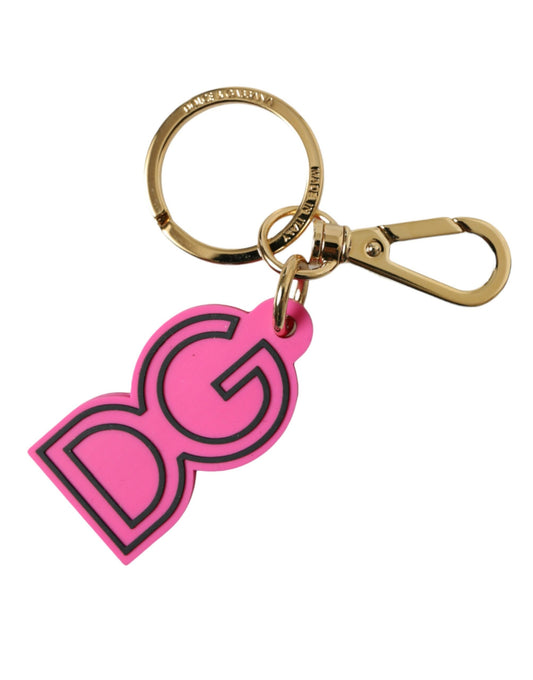 Dolce & Gabbana Schlüsselanhänger mit DG-Logo aus rosa Gummi und goldfarbenem Metall