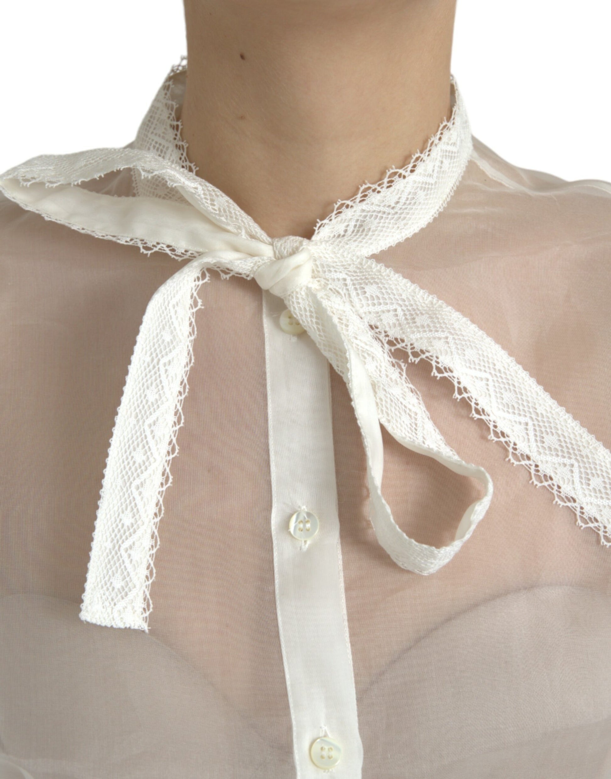 Dolce & Gabbana – Langärmliges Oberteil mit Ascot-Kragen in Weiß aus Seide