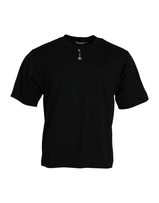 Dolce & Gabbana – Schwarzes, verziertes T-Shirt aus Baumwolle mit Rundhalsausschnitt