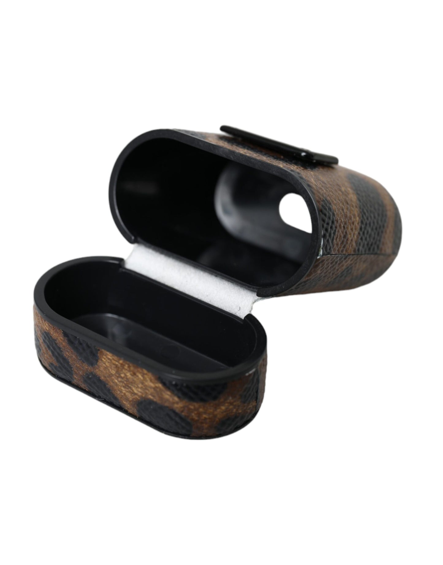 Dolce & Gabbana – Airpods-Hülle aus braunem Kalbsleder mit Leopardenmuster und Metall-Logoplakette