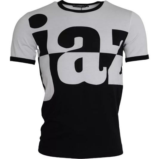 Dolce & Gabbana – Kurzärmliges Baumwoll-T-Shirt mit Jazz-Print in Schwarz und Weiß