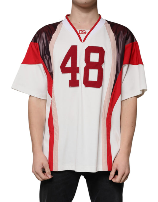 Dolce & Gabbana T-Shirt aus Jersey-Baumwolle mit V-Ausschnitt und mehrfarbigem Logo