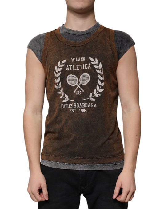 Dolce & Gabbana – Ärmelloses T-Shirt aus brauner Baumwolle mit Rundhalsausschnitt