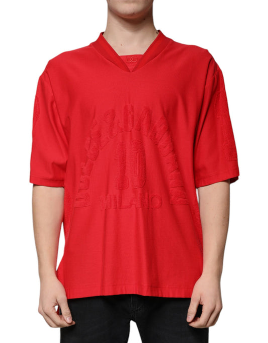 Dolce & Gabbana – Rotes T-Shirt aus Baumwolle mit V-Ausschnitt und kurzen Ärmeln