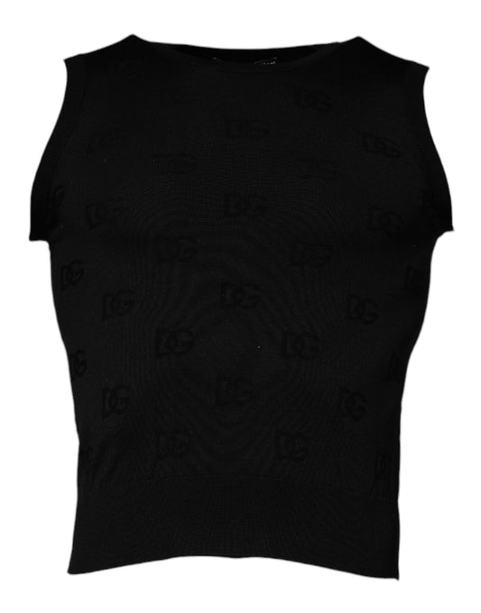 Dolce & Gabbana Schwarzes ärmelloses T-Shirt aus Seide mit Rundhalsausschnitt