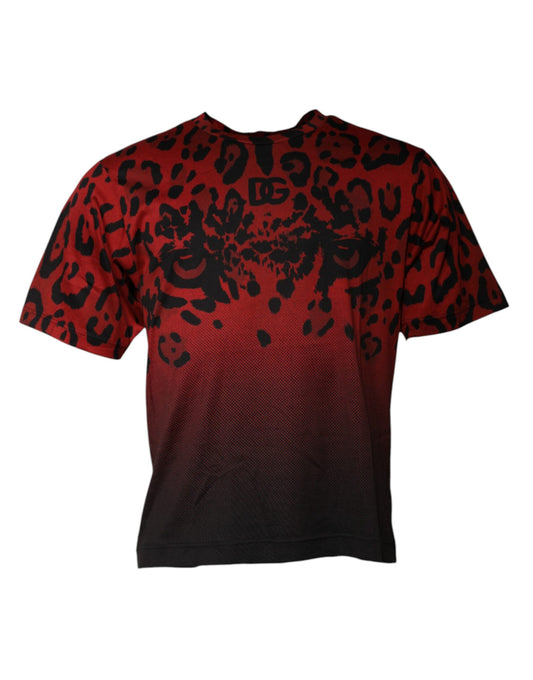 Dolce & Gabbana – Rotes, kurzärmliges Baumwoll-T-Shirt mit Leopardenmuster