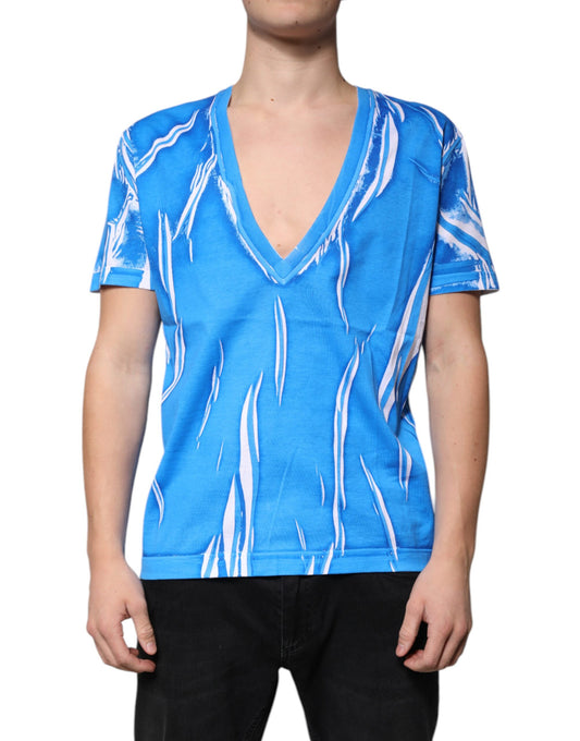 Dolce & Gabbana – Blaues T-Shirt aus Baumwolle mit V-Ausschnitt und kurzen Ärmeln