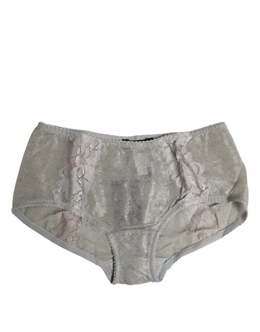 Dolce & Gabbana – Graue Baumwoll-Höschenunterwäsche mit Blumenspitze und hoher Taille