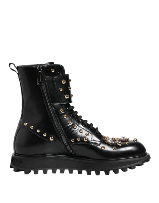 Dolce & Gabbana – Schwarze, wadenhohe Schnürstiefel mit Nieten