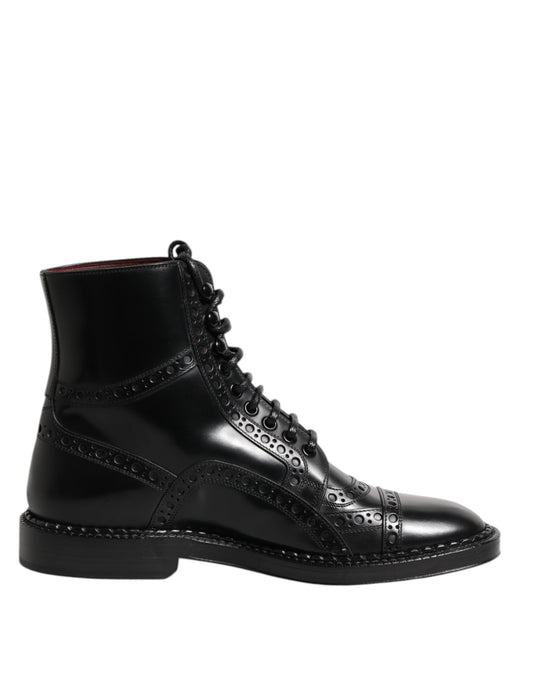 Dolce & Gabbana – Schwarze, wadenhohe Schnürstiefel aus Leder