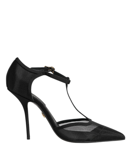 Dolce & Gabbana – Schwarze High Heels mit T-Riemen aus Mesh mit Stilettoabsatz
