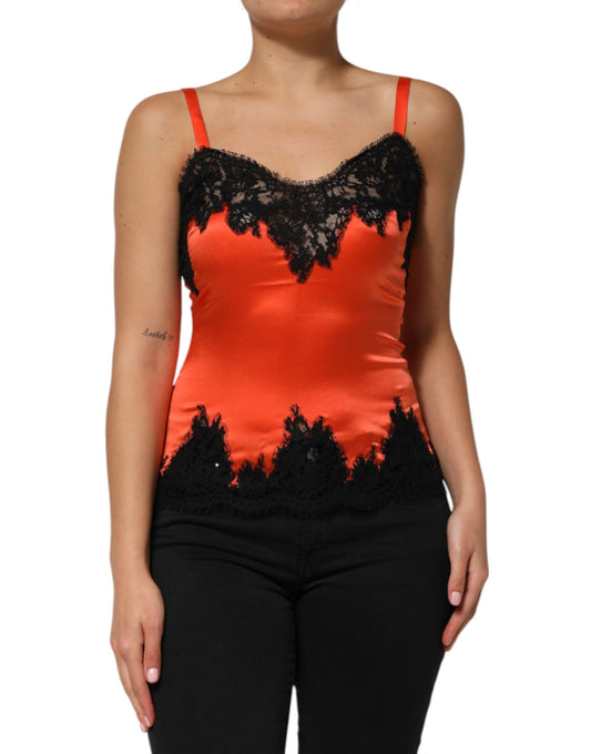 Dolce & Gabbana Rot-Schwarzes ärmelloses Seiden-Tanktop mit Spitzenbesatz