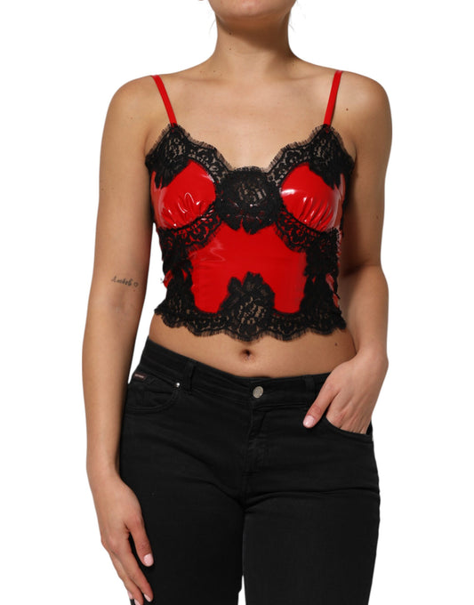 Dolce & Gabbana Rot-Schwarzes ärmelloses Tanktop aus Polyester mit Spitzenbesatz