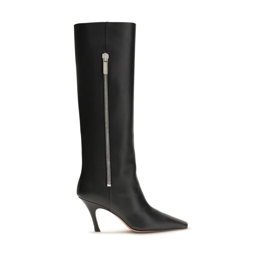 Amina Muaddi Black Calf Leather Bos Taurus High Heel Boots