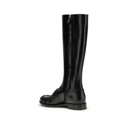 Prada Black Calf Leather Bos Taurus Flat Boots