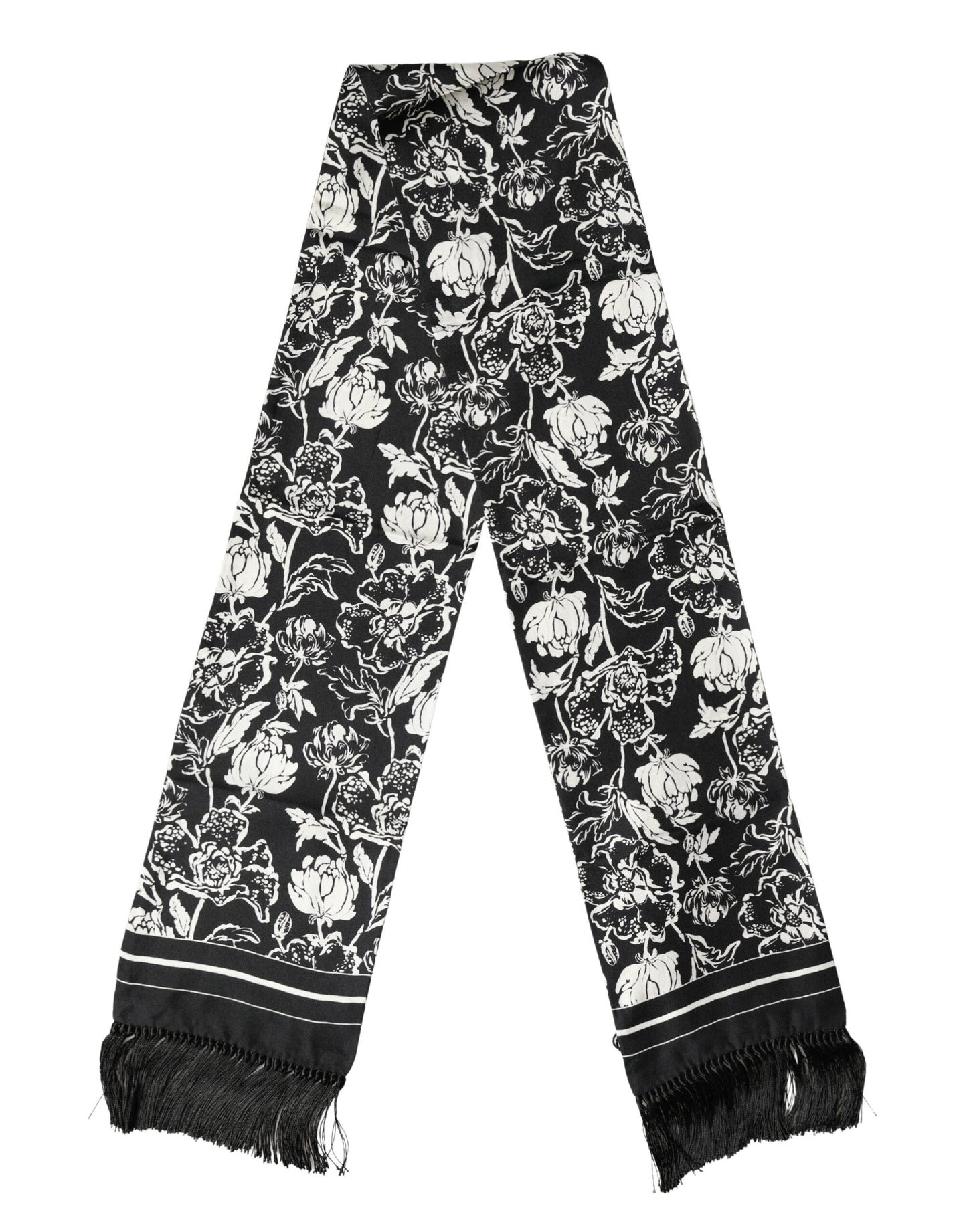 Dolce & Gabbana Black White Silk Floral Print Fringe 136cm X 15.5cm  Scarf