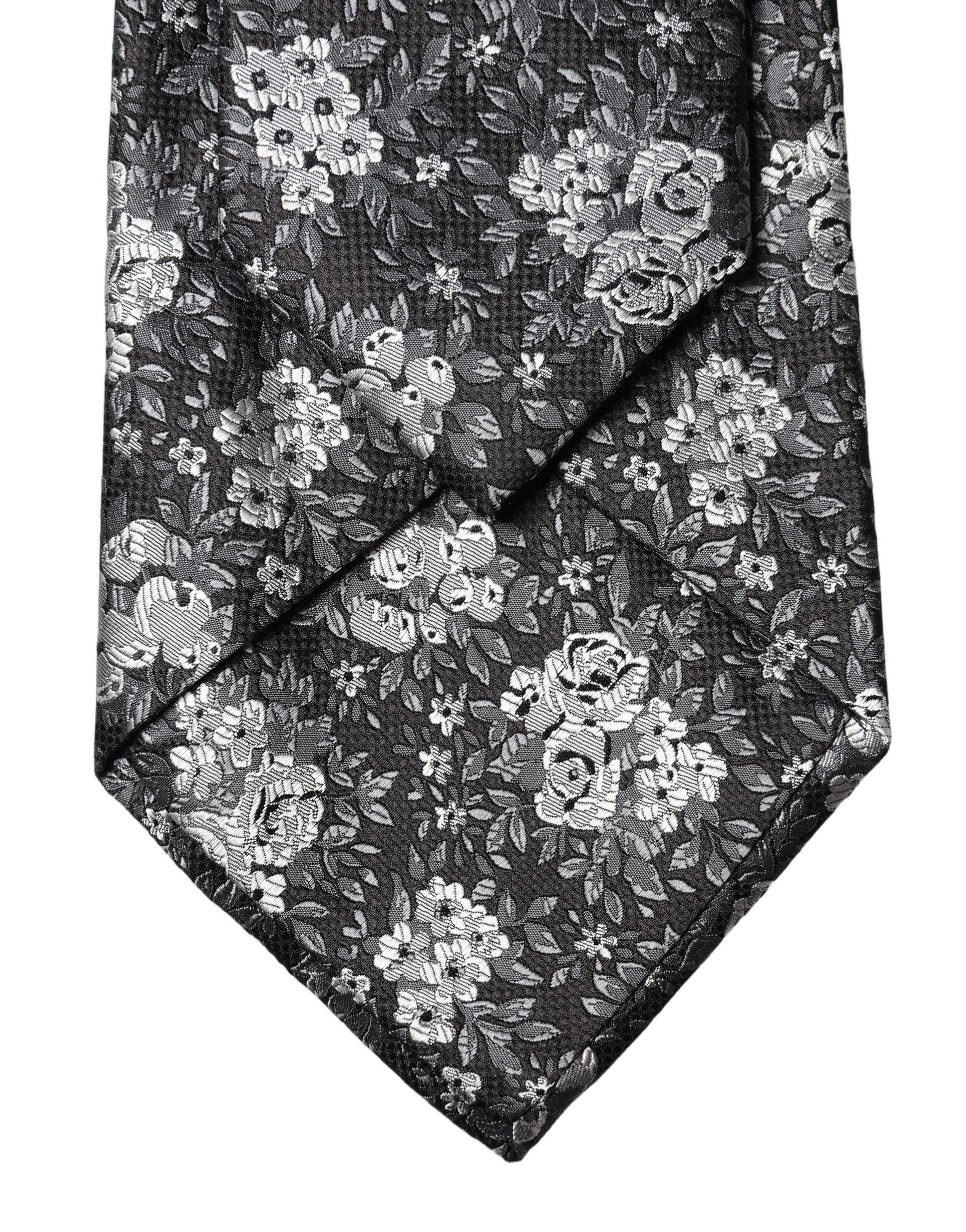 Dolce & Gabbana Dark Gray White Floral Silk Adjustable Women Necktie Tie