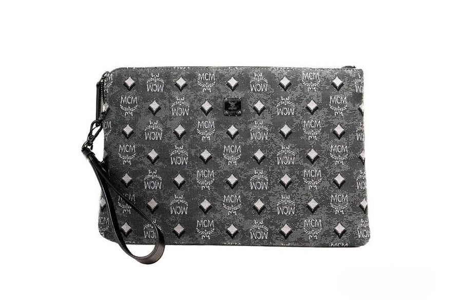 MCM Veritas Medium Dark Grey Denim Monogram Logo Canvas Clutch Pouch Handbag