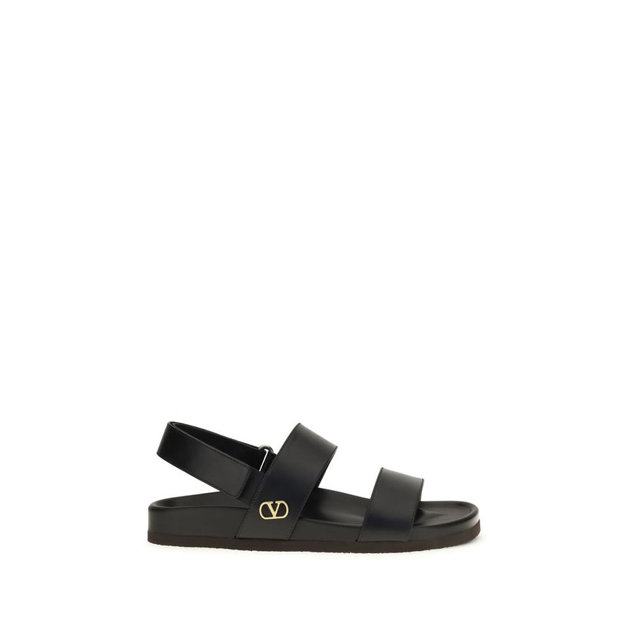Valentino Garavani Black Calf Leather Bos Taurus Flat Sandals