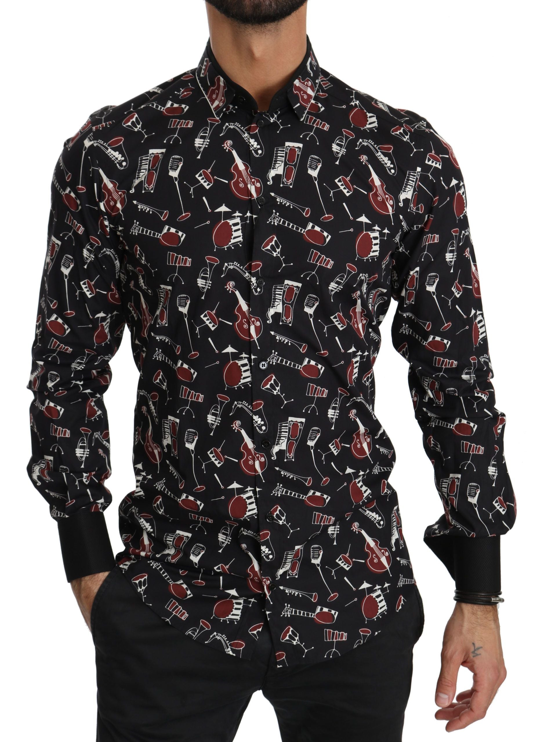 Dolce &amp; Gabbana – Schwarzes Slim Fit-Hemd mit Musikinstrument