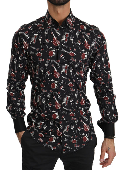Dolce &amp; Gabbana – Schwarzes Slim Fit-Hemd mit Musikinstrument