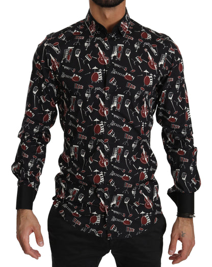 Dolce &amp; Gabbana – Schwarzes Slim Fit-Hemd mit Musikinstrument