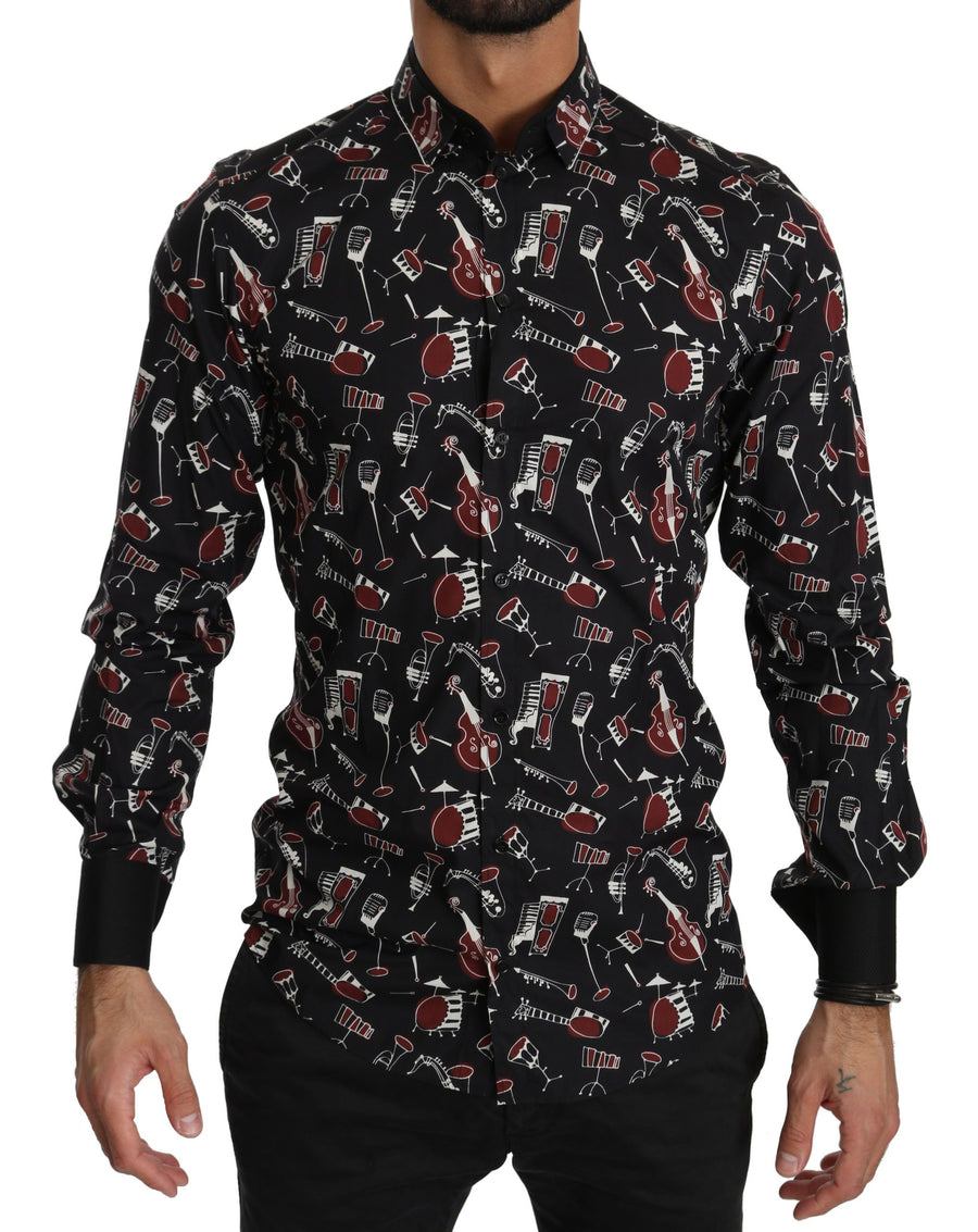Dolce & Gabbana – Schwarzes Slim Fit-Hemd mit Musikinstrument