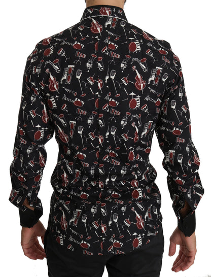 Dolce &amp; Gabbana – Schwarzes Slim Fit-Hemd mit Musikinstrument