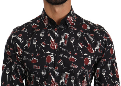Dolce &amp; Gabbana – Schwarzes Slim Fit-Hemd mit Musikinstrument