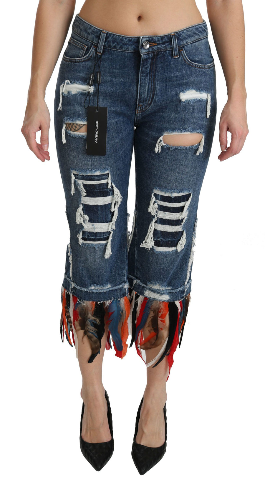 Dolce & Gabbana Blaue, verkürzte Jeans aus Baumwolle mit niedriger Taille und Federn