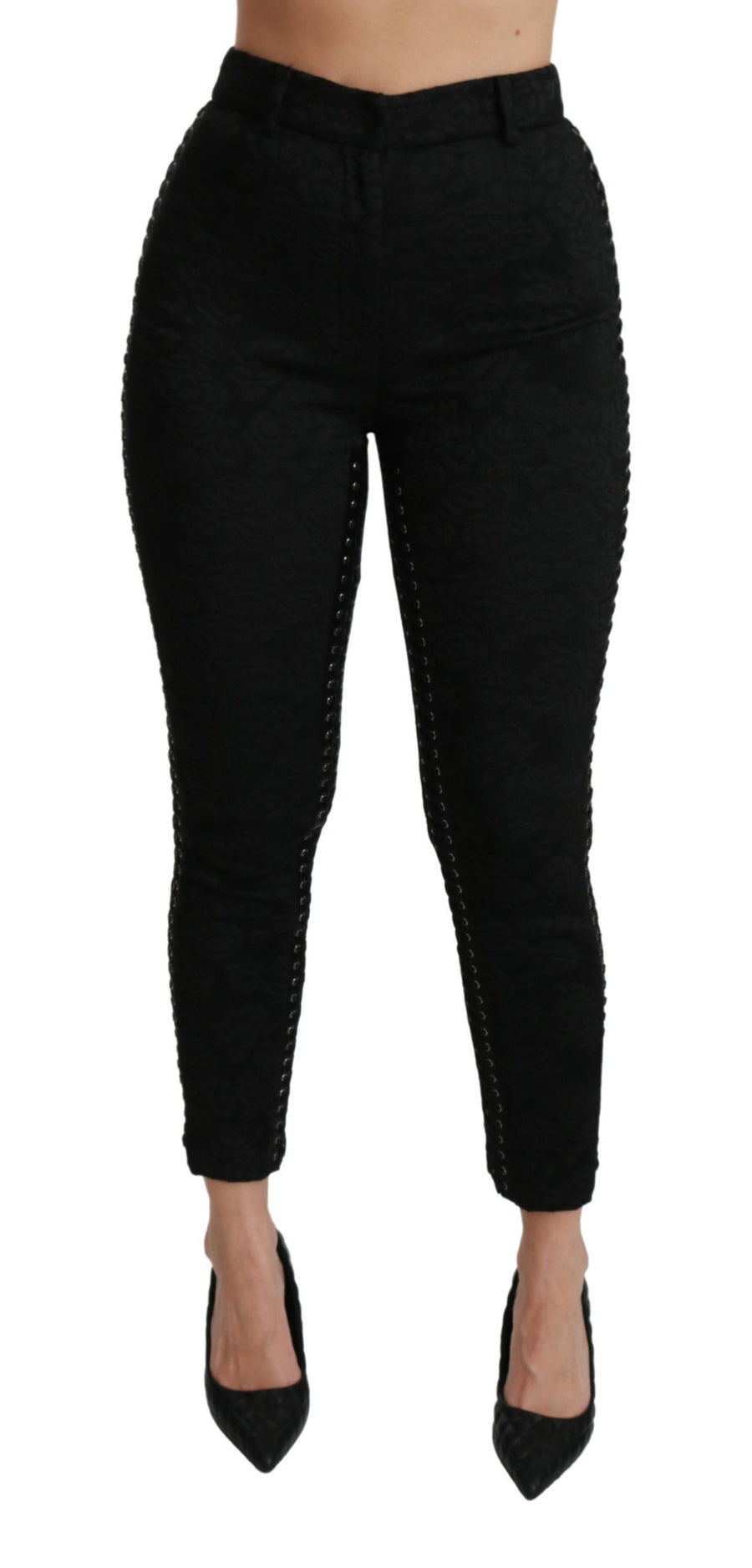 Dolce & Gabbana – Enge, hoch taillierte Hose aus schwarzem Brokat
