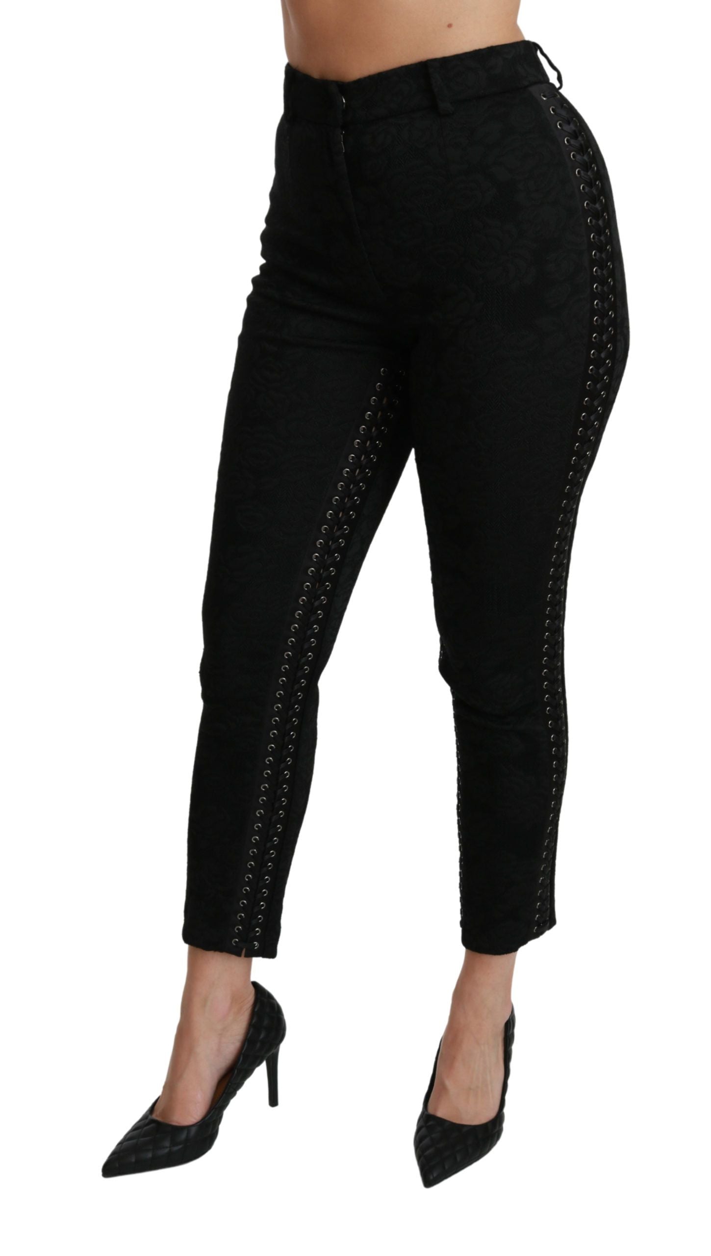 Dolce &amp; Gabbana – Enge, hoch taillierte Hose aus schwarzem Brokat