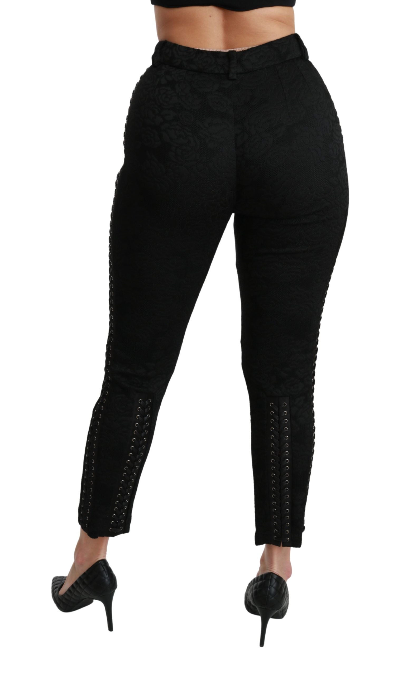 Dolce &amp; Gabbana – Enge, hoch taillierte Hose aus schwarzem Brokat