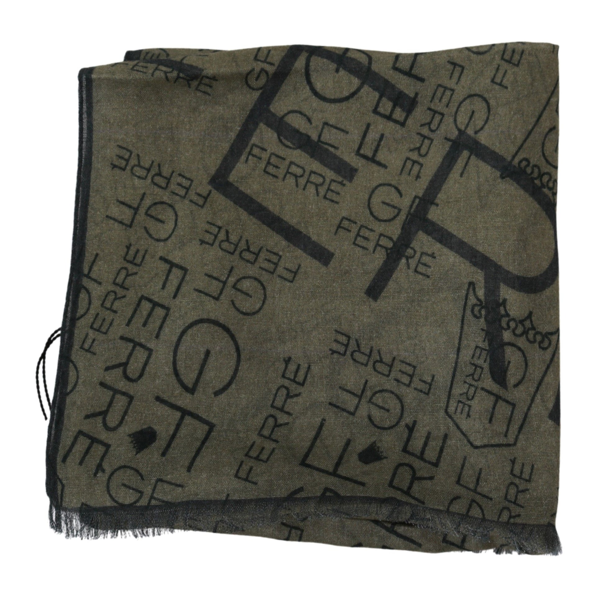 GF Ferre Green Wool Viscose Foulard Patterned Branded Scarf