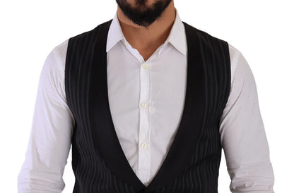 Dolce & Gabbana Black Striped Wool Silk Waistcoat Vest