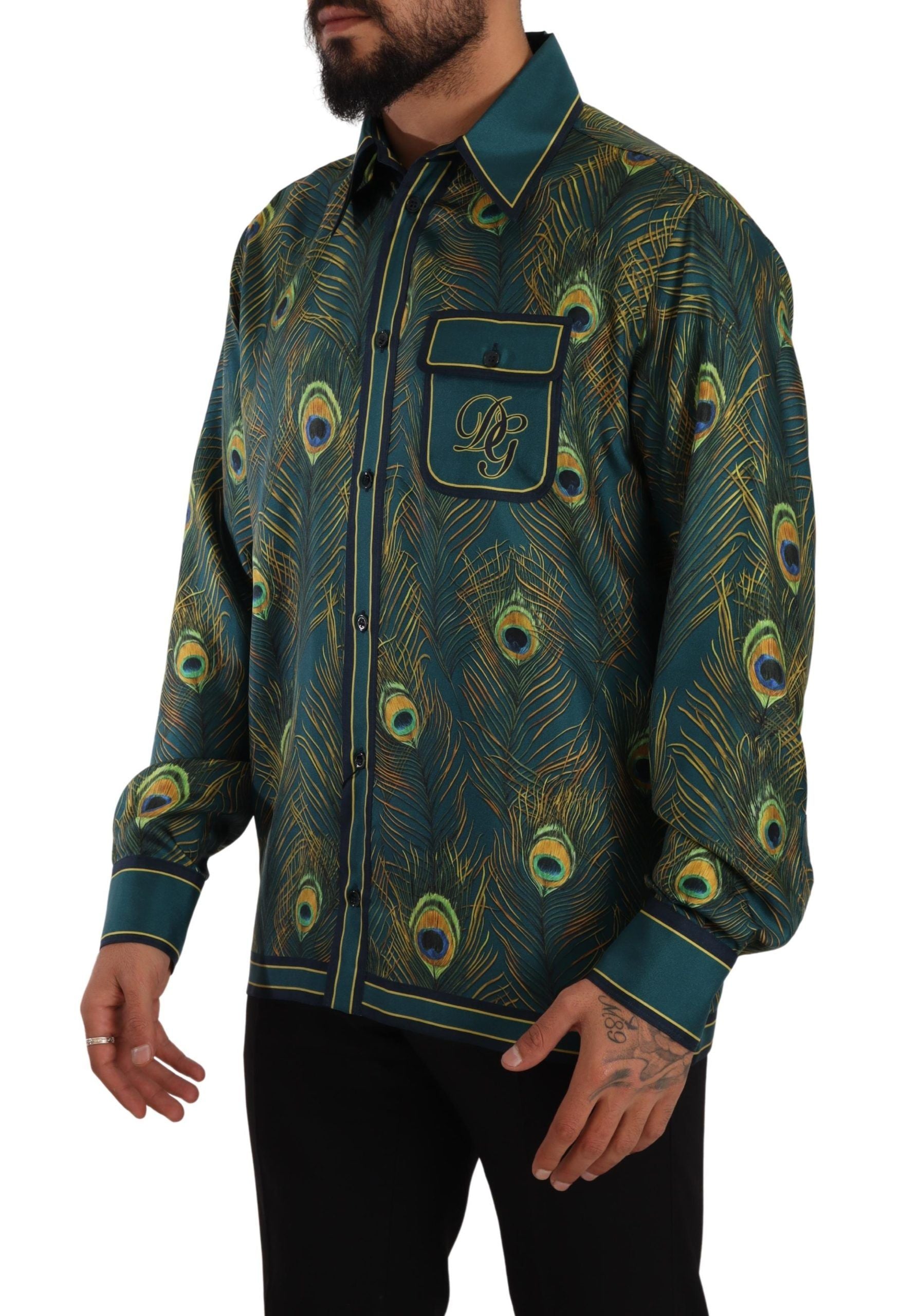 Dolce &amp; Gabbana Herren-Pyjamahemd aus Seide mit Pfauenfeder-Print