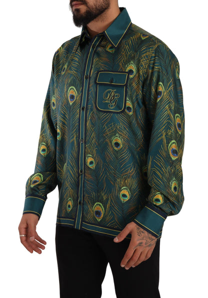 Dolce &amp; Gabbana Herren-Pyjamahemd aus Seide mit Pfauenfeder-Print