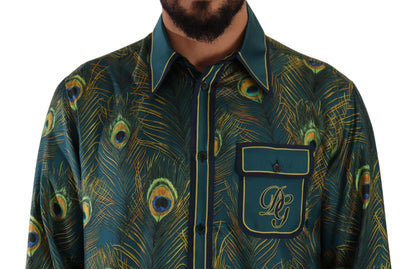 Dolce &amp; Gabbana Herren-Pyjamahemd aus Seide mit Pfauenfeder-Print