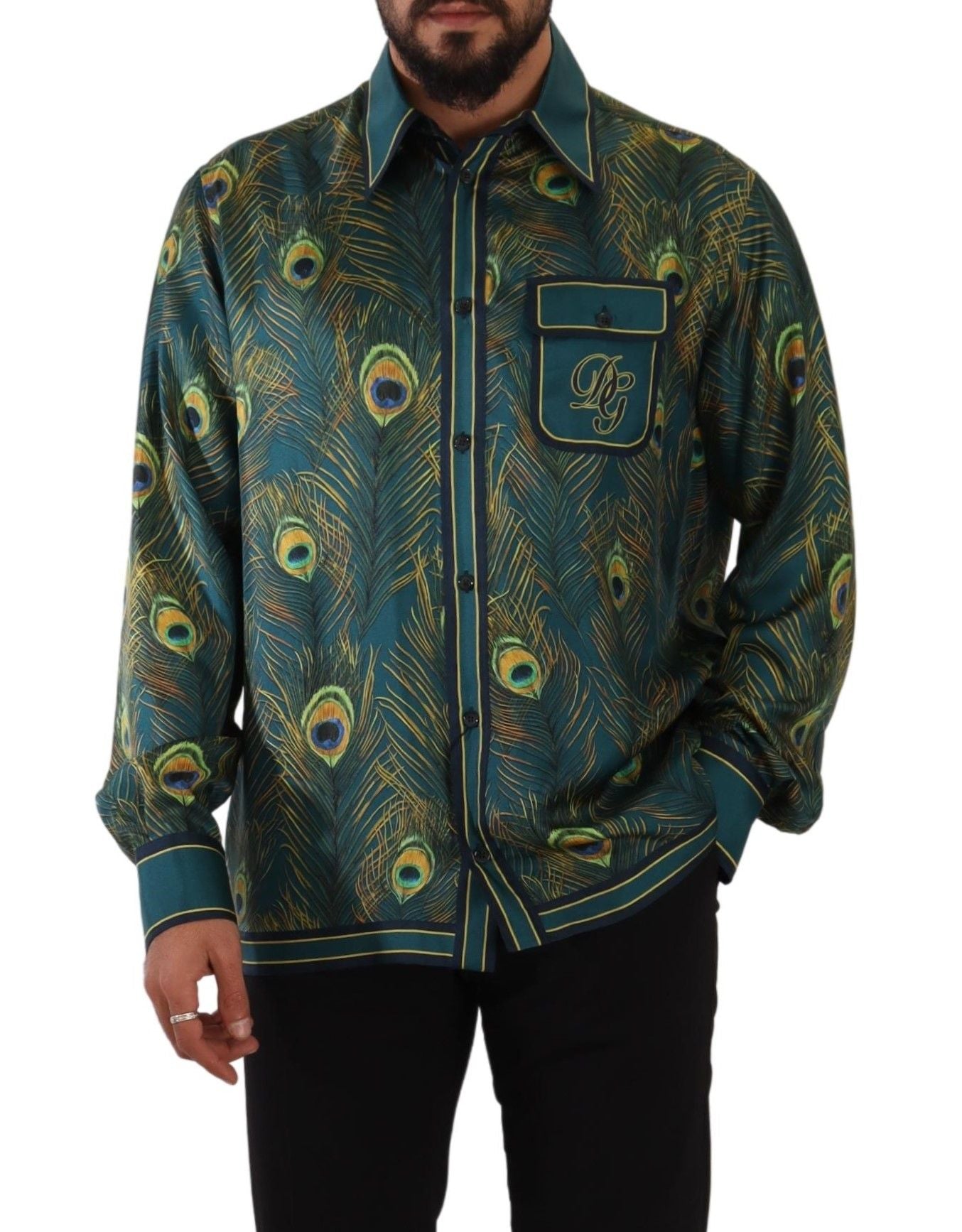 Dolce &amp; Gabbana Herren-Pyjamahemd aus Seide mit Pfauenfeder-Print