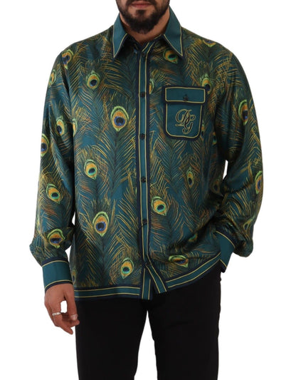 Dolce &amp; Gabbana Herren-Pyjamahemd aus Seide mit Pfauenfeder-Print