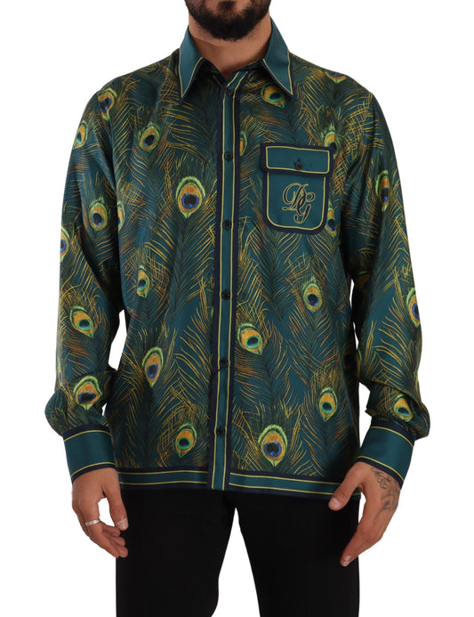 Dolce &amp; Gabbana Herren-Pyjamahemd aus Seide mit Pfauenfeder-Print