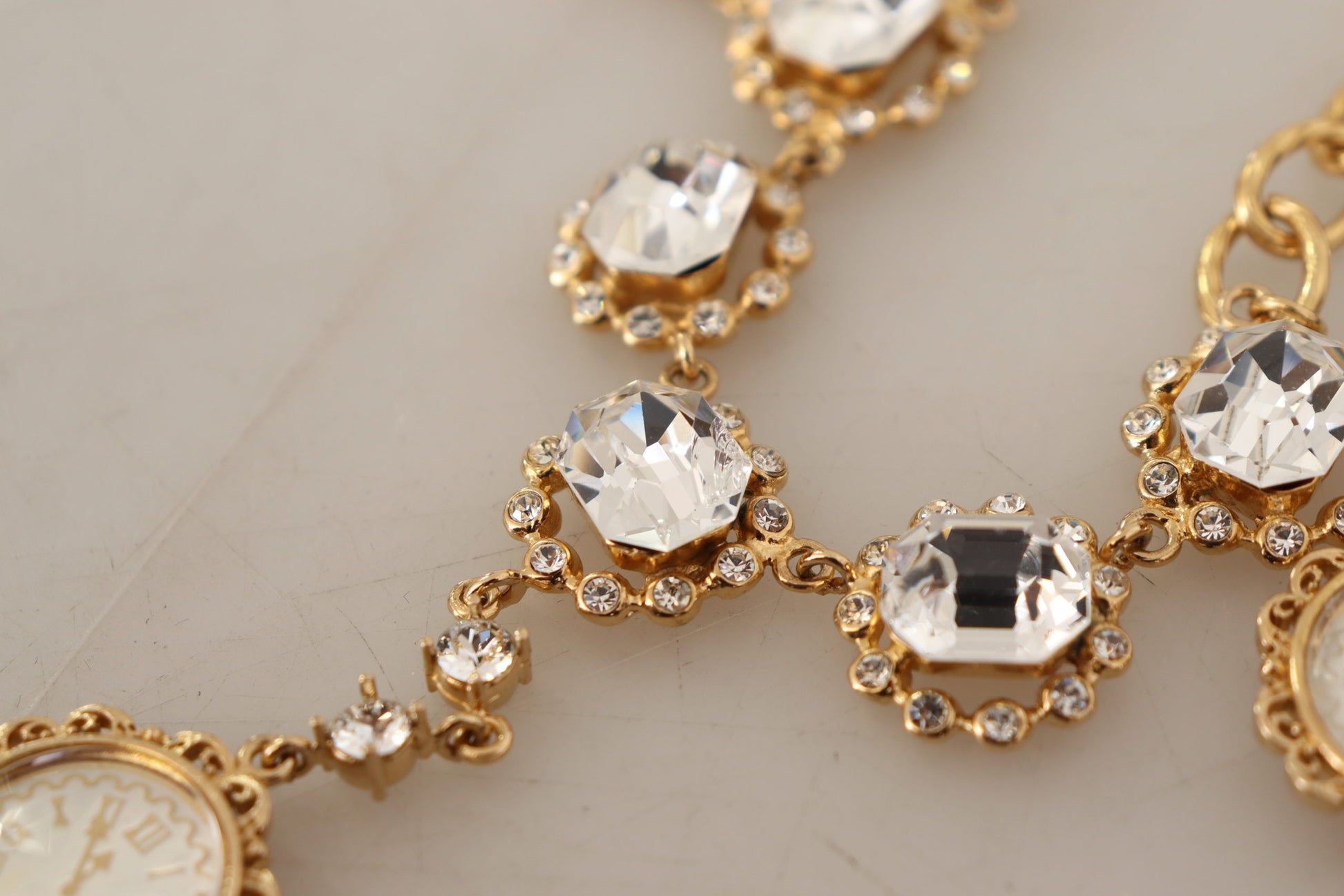 Dolce & Gabbana Gold Clock Statement Crystal Chain Necklace